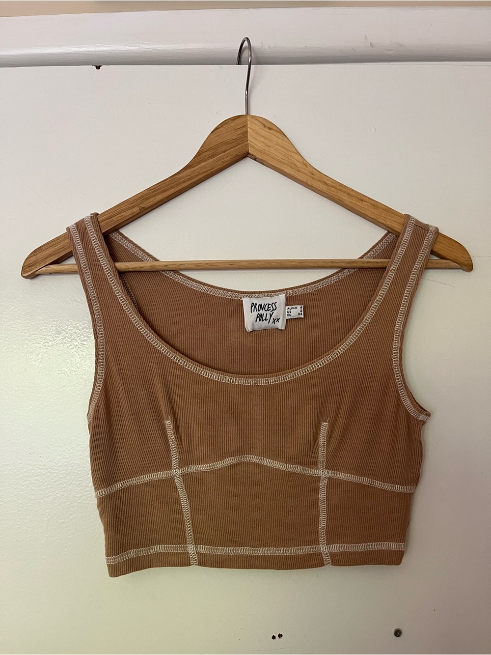 Princess Polly Tan Ribbed Contrast-Stitch Crop Top
